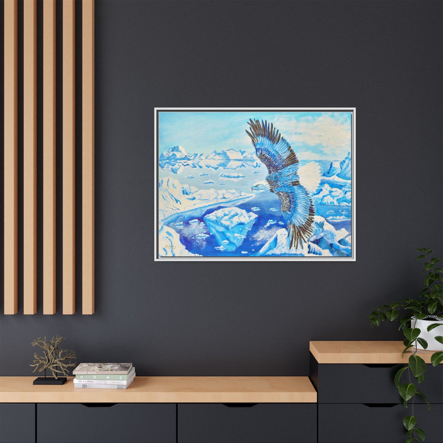 Canvas Print - Blue Monochromatic Eagle Over Iceberg Waters, Acrylic Painting by Kerri Welden
