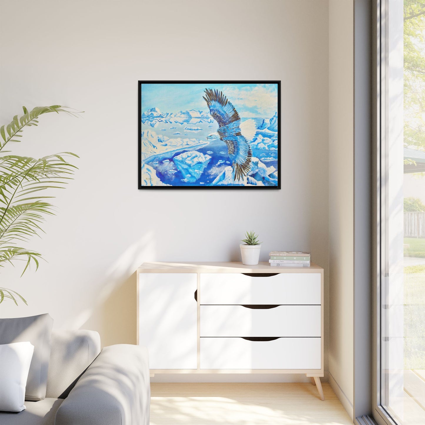 Canvas Print - Blue Monochromatic Eagle Over Iceberg Waters, Acrylic Painting by Kerri Welden