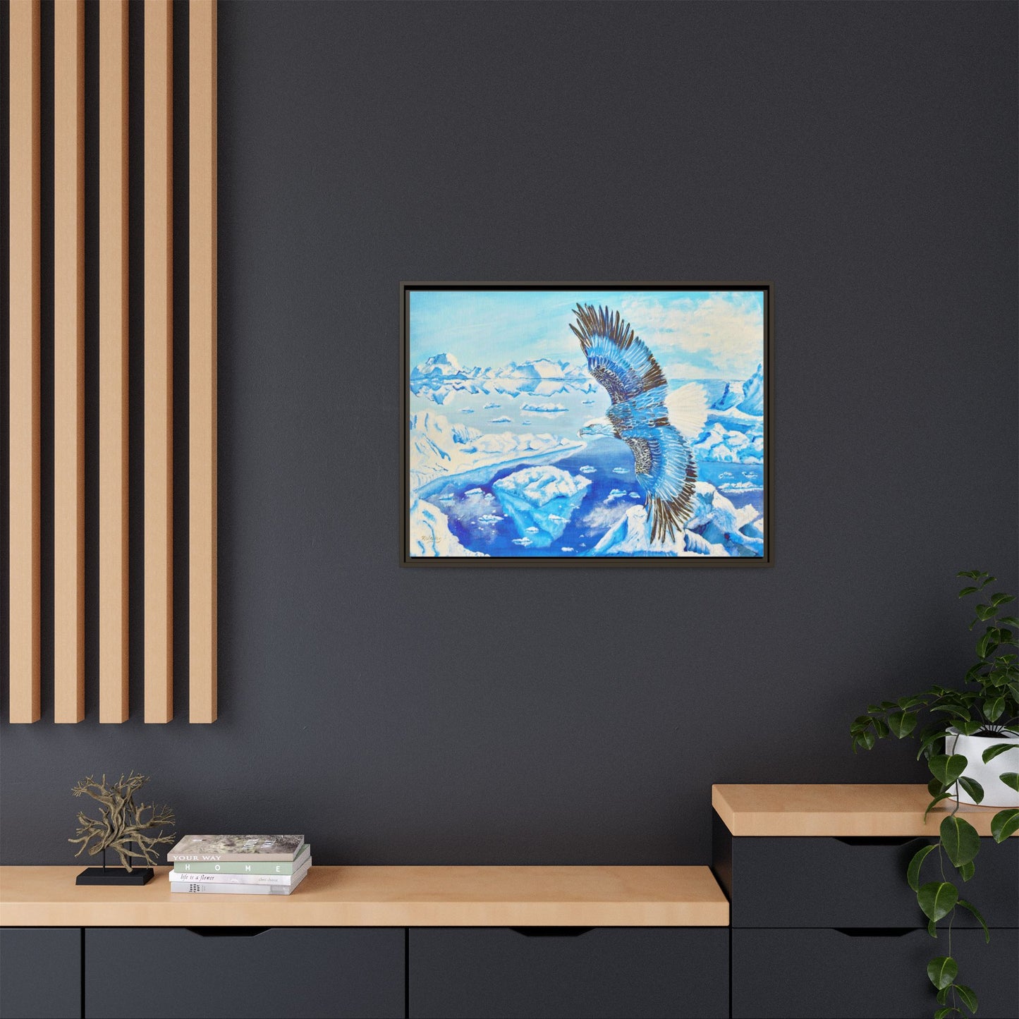 Canvas Print - Blue Monochromatic Eagle Over Iceberg Waters, Acrylic Painting by Kerri Welden