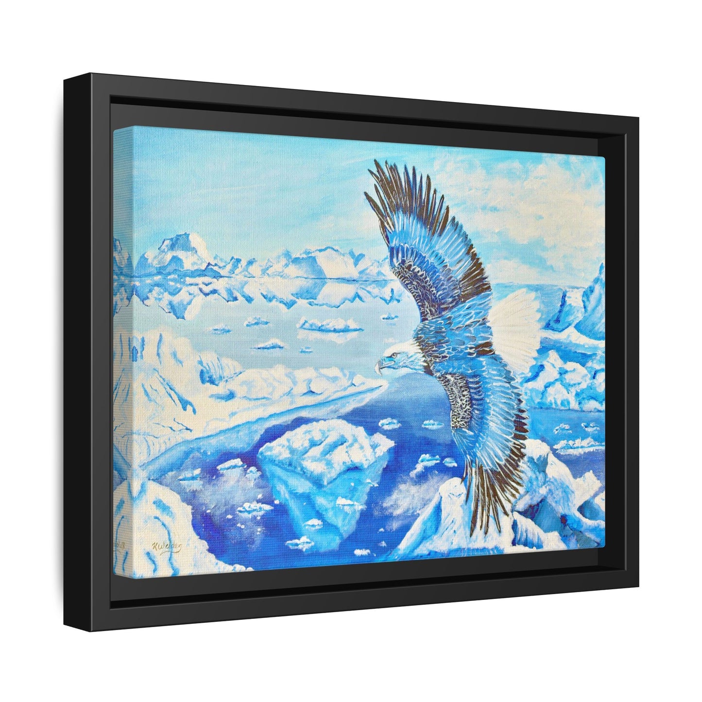 Canvas Print - Blue Monochromatic Eagle Over Iceberg Waters, Acrylic Painting by Kerri Welden