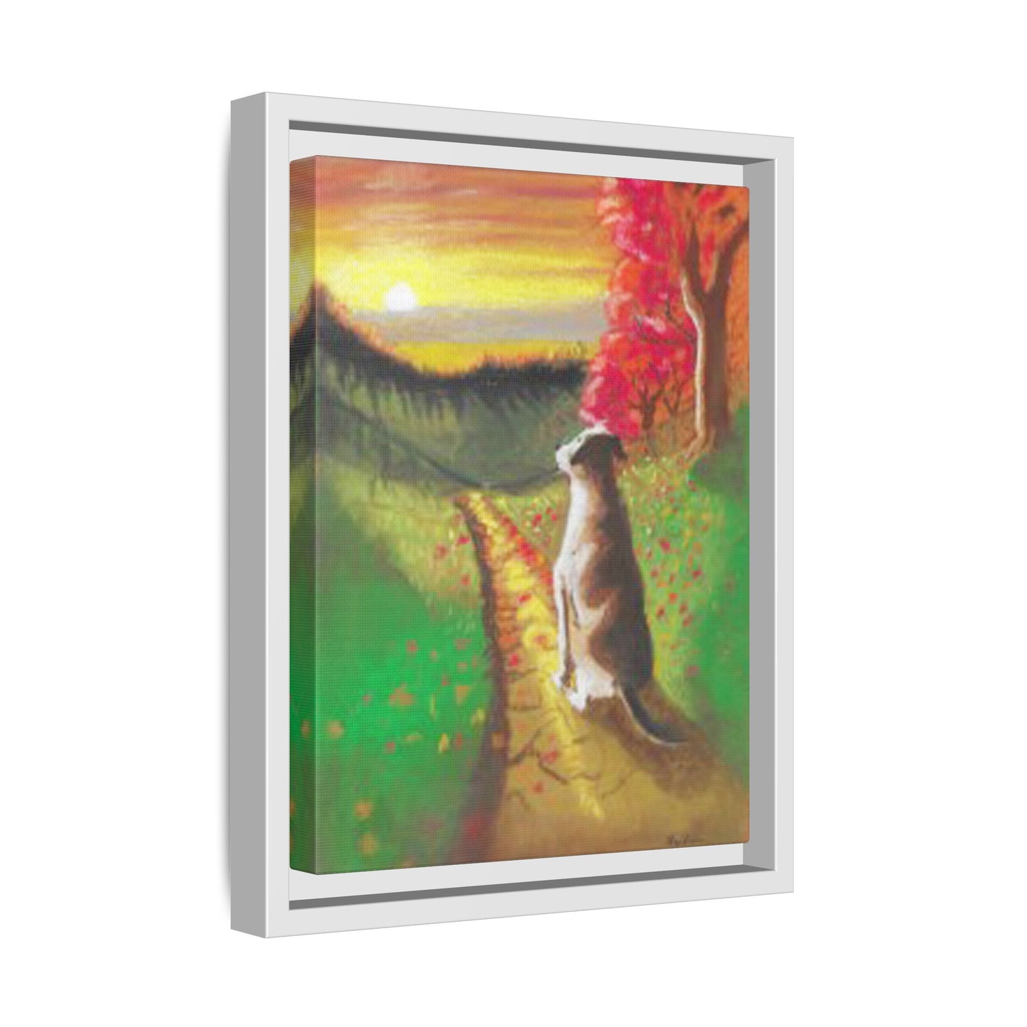Framed Canvas Pastel Print - Serene Autumn Landscape with Dog