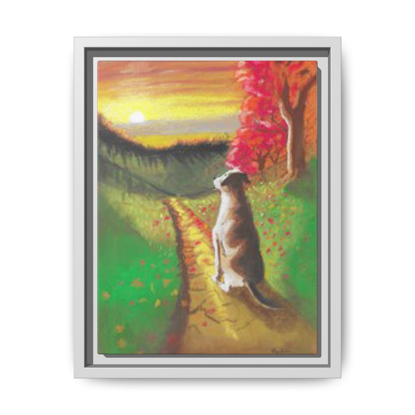 Framed Canvas Pastel Print - Serene Autumn Landscape with Dog