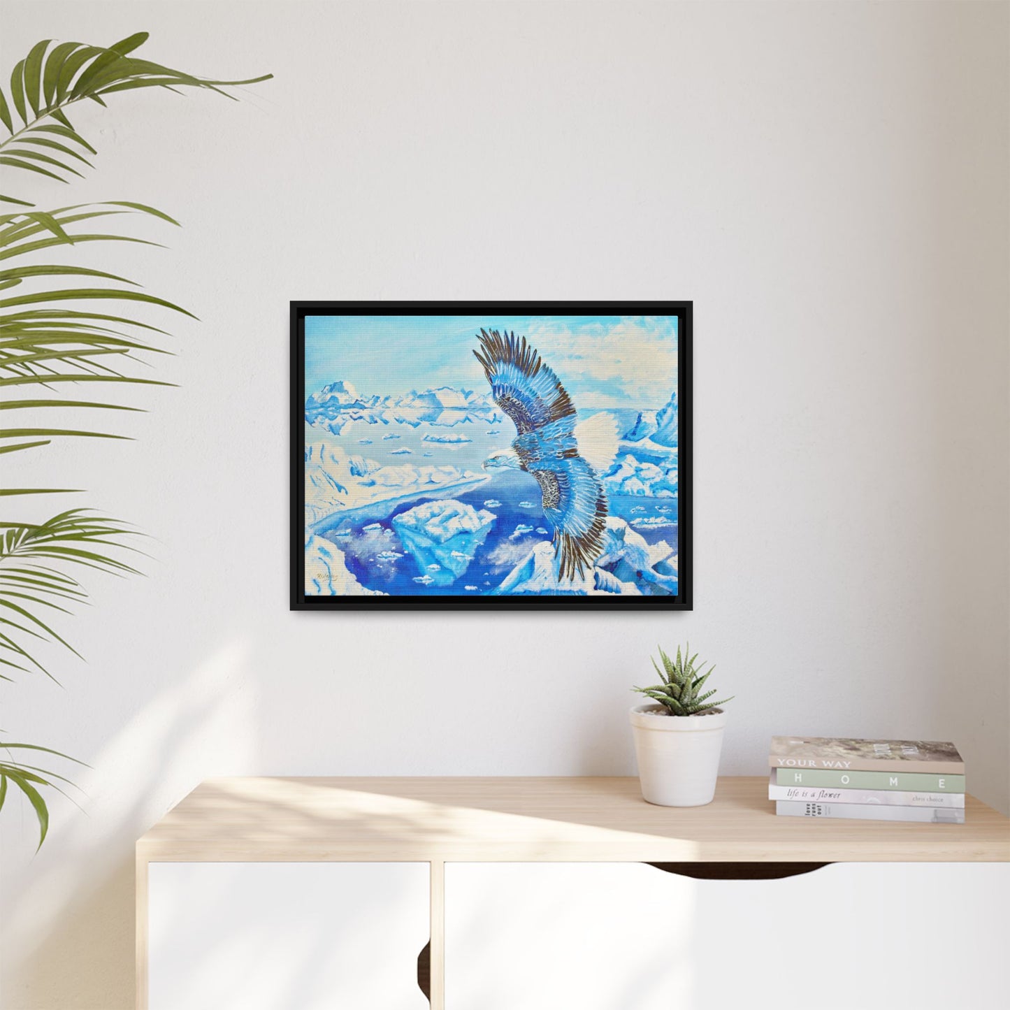 Canvas Print - Blue Monochromatic Eagle Over Iceberg Waters, Acrylic Painting by Kerri Welden