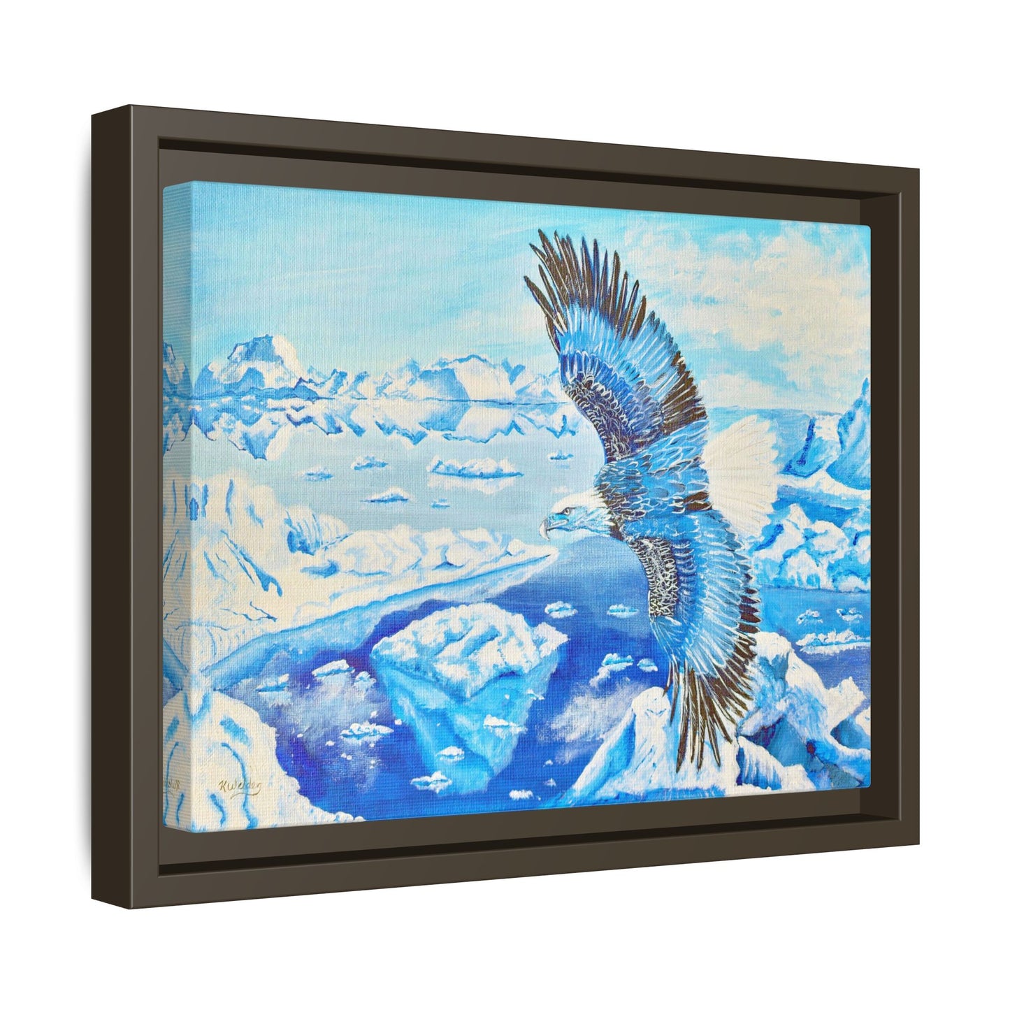 Canvas Print - Blue Monochromatic Eagle Over Iceberg Waters, Acrylic Painting by Kerri Welden
