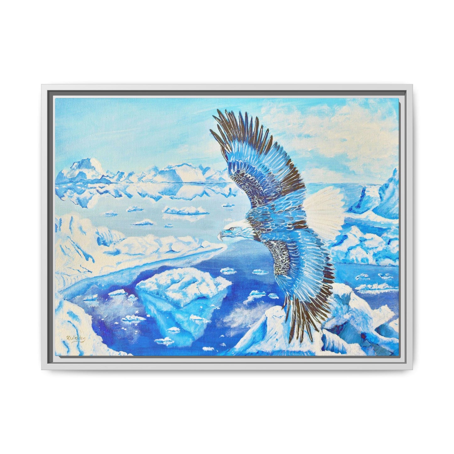 Canvas Print - Blue Monochromatic Eagle Over Iceberg Waters, Acrylic Painting by Kerri Welden