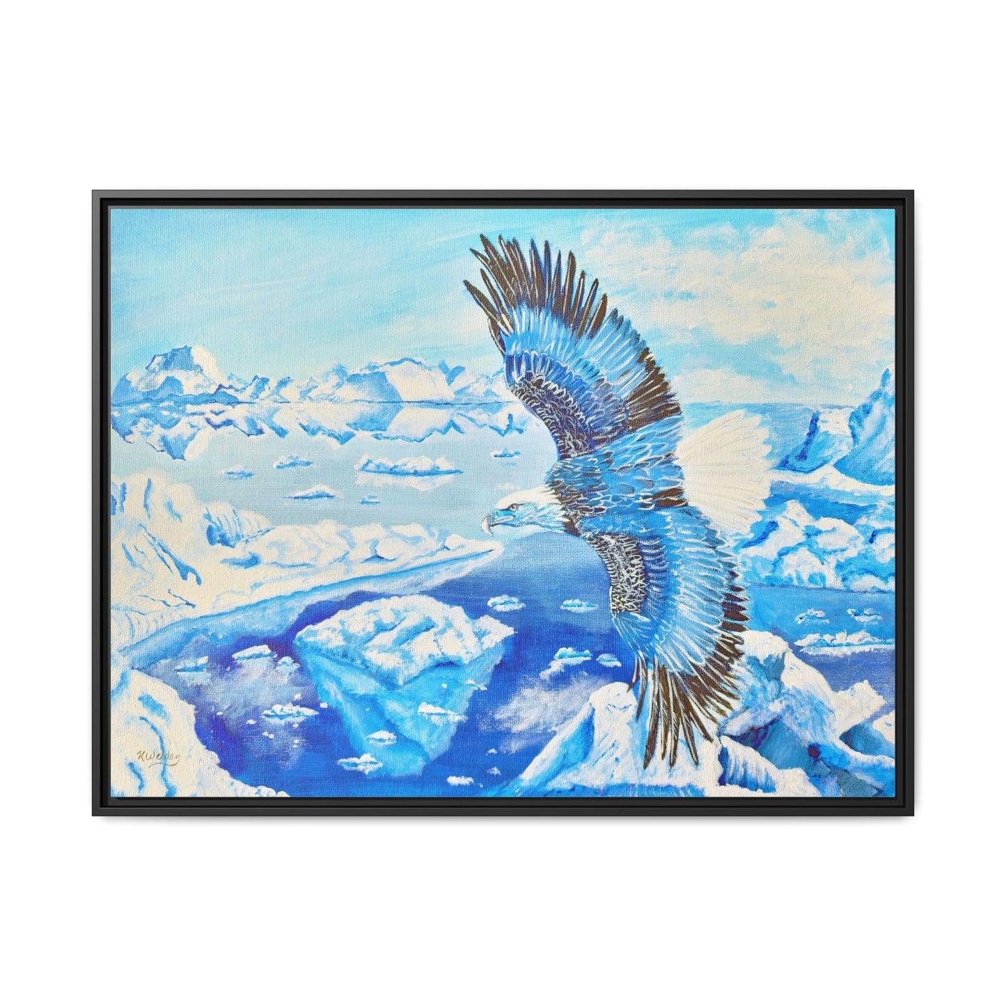 Canvas Print - Blue Monochromatic Eagle Over Iceberg Waters, Acrylic Painting by Kerri Welden