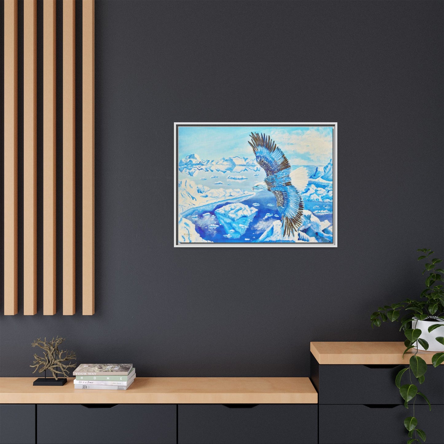 Canvas Print - Blue Monochromatic Eagle Over Iceberg Waters, Acrylic Painting by Kerri Welden