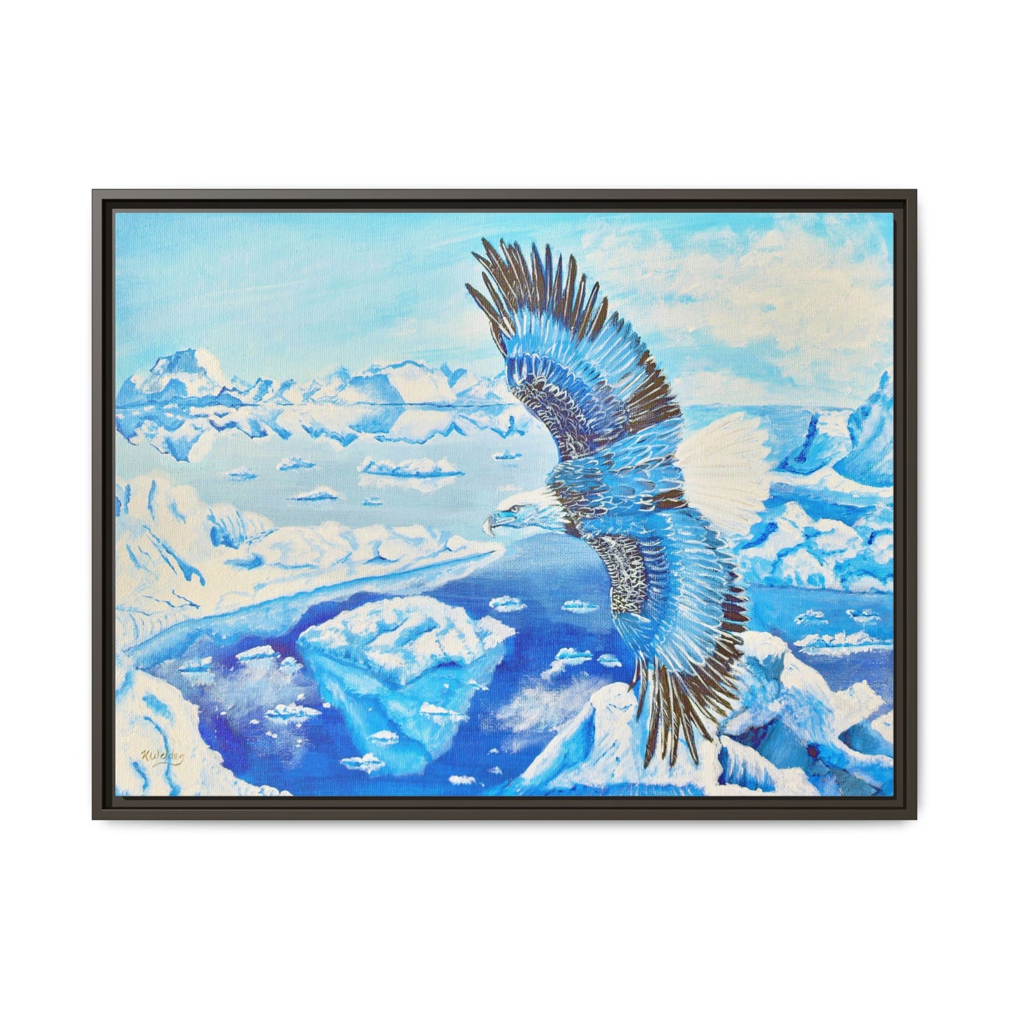 Canvas Print - Blue Monochromatic Eagle Over Iceberg Waters, Acrylic Painting by Kerri Welden