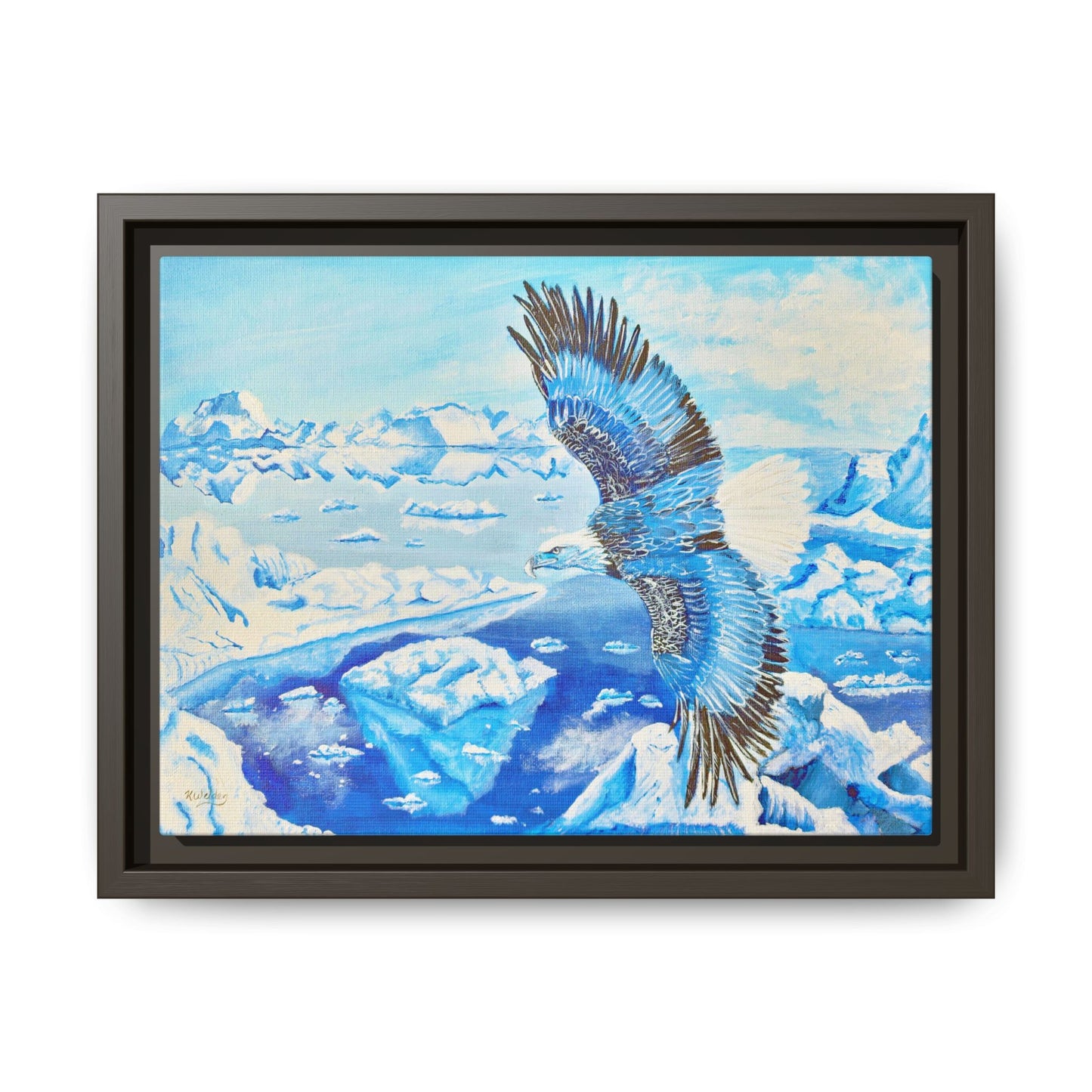 Canvas Print - Blue Monochromatic Eagle Over Iceberg Waters, Acrylic Painting by Kerri Welden
