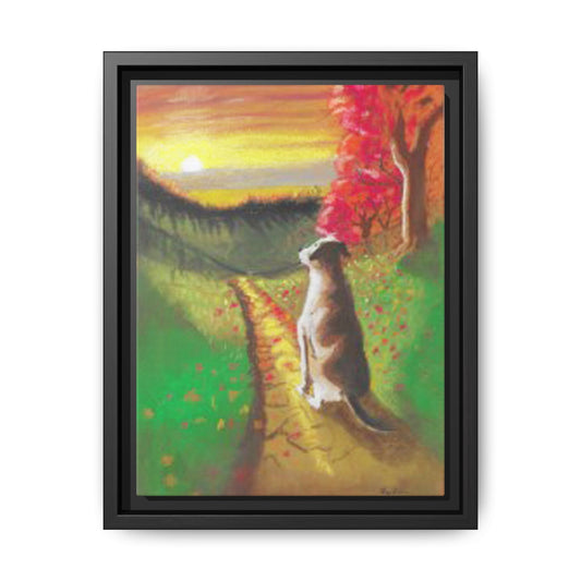 Framed Canvas Pastel Print - Serene Autumn Landscape with Dog