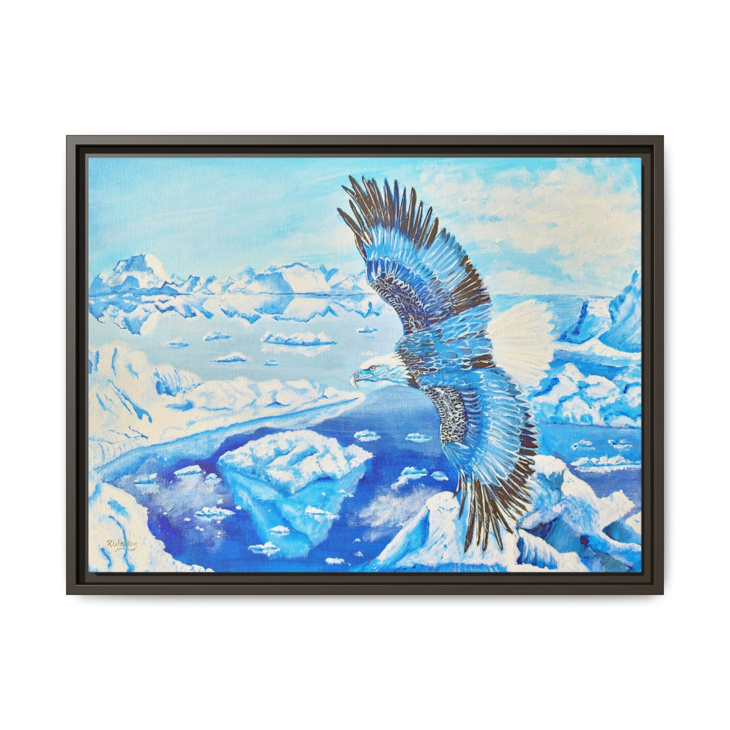Canvas Print - Blue Monochromatic Eagle Over Iceberg Waters, Acrylic Painting by Kerri Welden