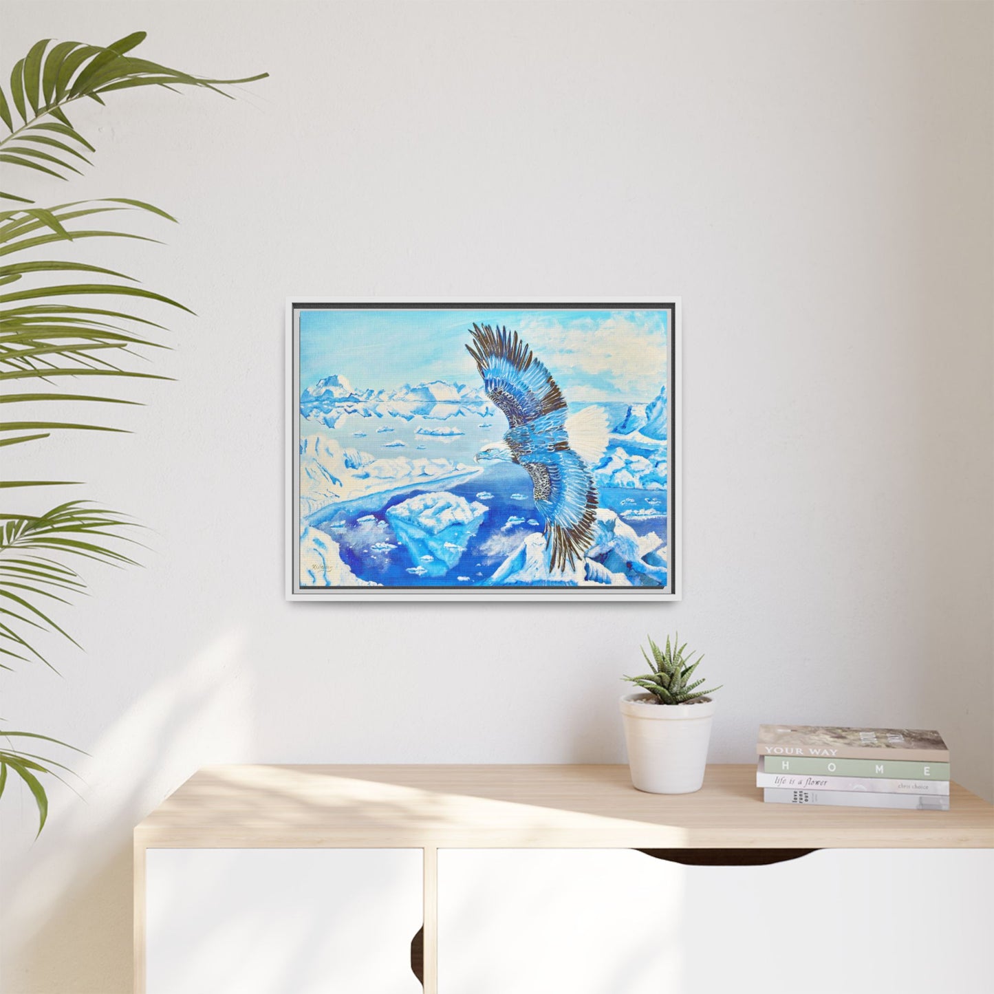 Canvas Print - Blue Monochromatic Eagle Over Iceberg Waters, Acrylic Painting by Kerri Welden