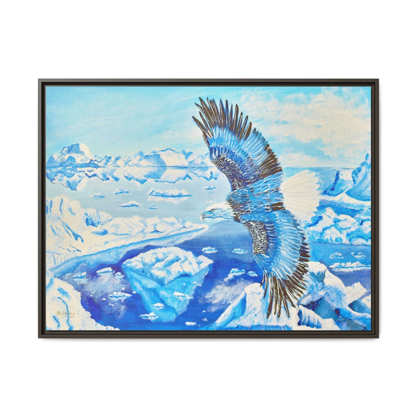 Canvas Print - Blue Monochromatic Eagle Over Iceberg Waters, Acrylic Painting by Kerri Welden