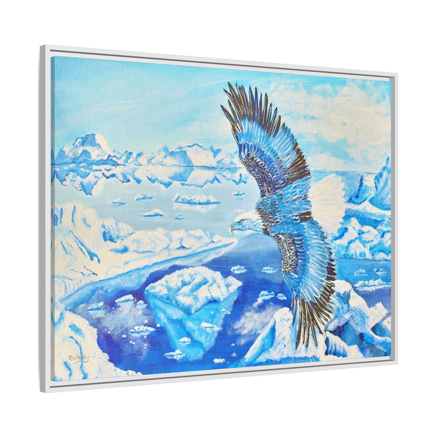 Canvas Print - Blue Monochromatic Eagle Over Iceberg Waters, Acrylic Painting by Kerri Welden