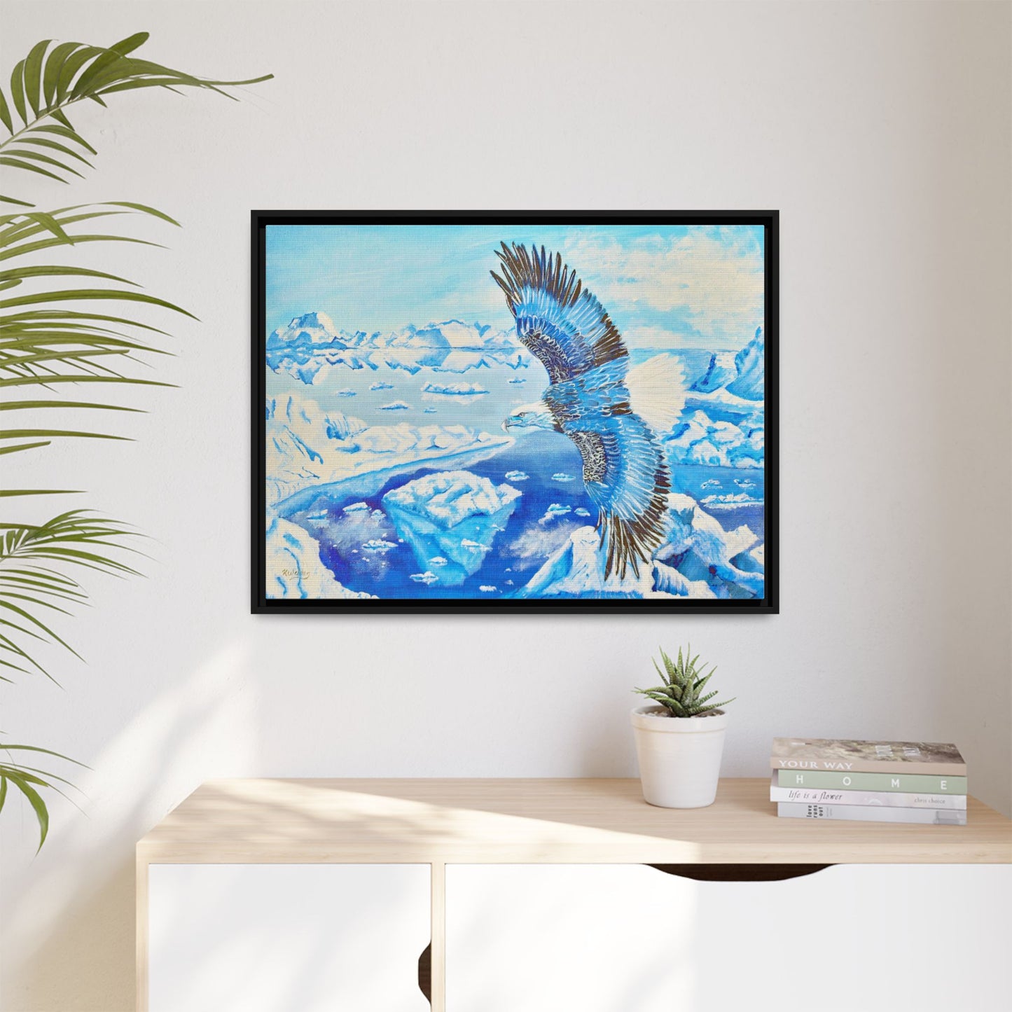 Canvas Print - Blue Monochromatic Eagle Over Iceberg Waters, Acrylic Painting by Kerri Welden