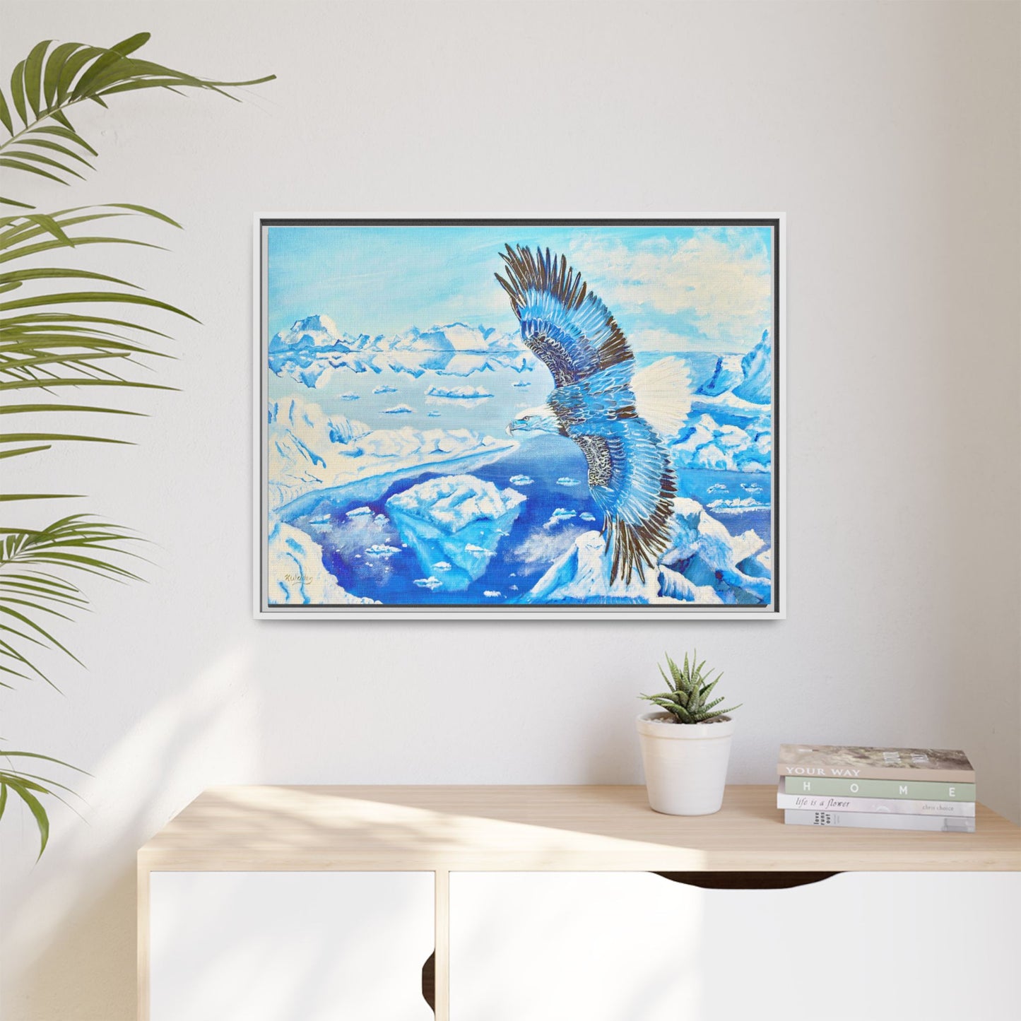 Canvas Print - Blue Monochromatic Eagle Over Iceberg Waters, Acrylic Painting by Kerri Welden