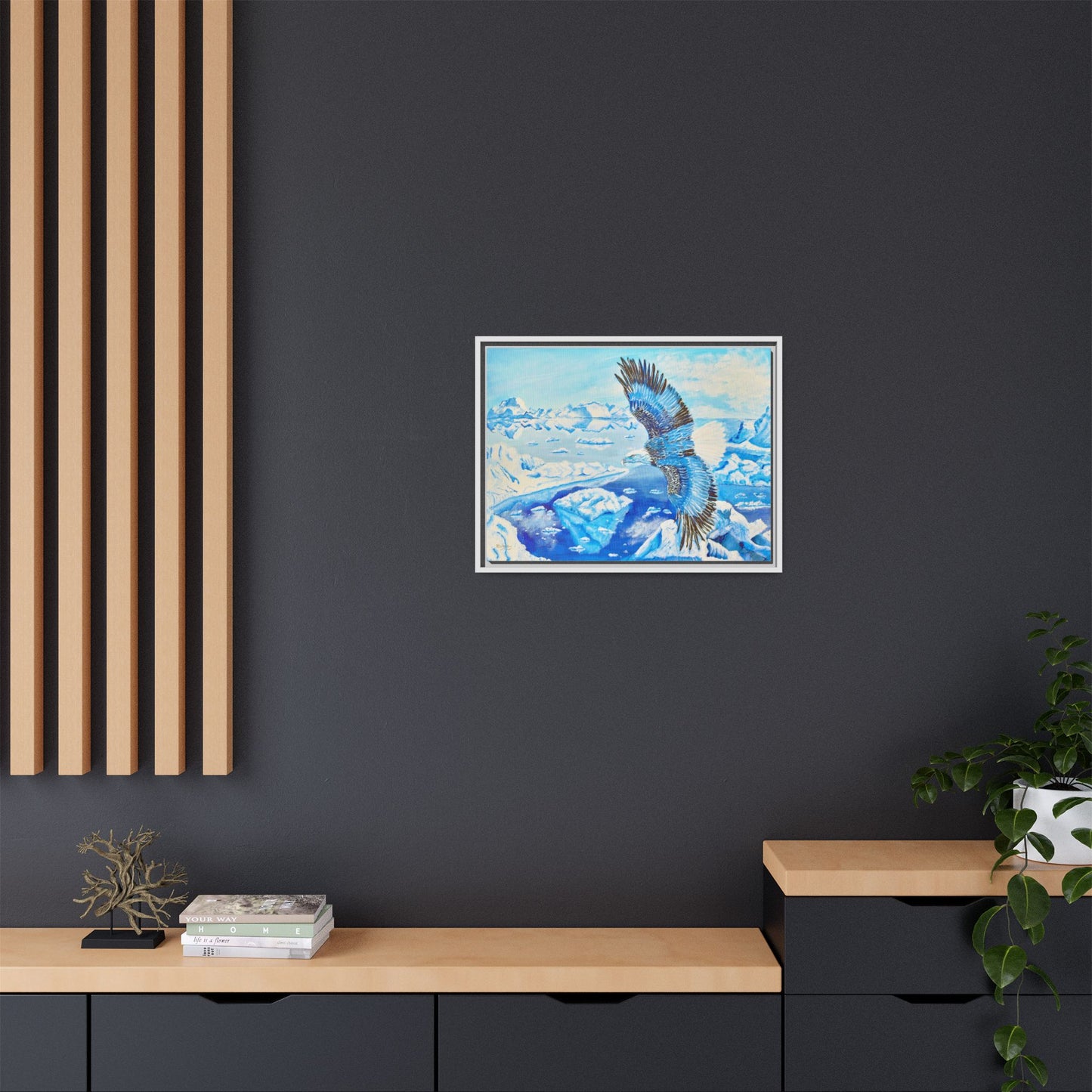 Canvas Print - Blue Monochromatic Eagle Over Iceberg Waters, Acrylic Painting by Kerri Welden
