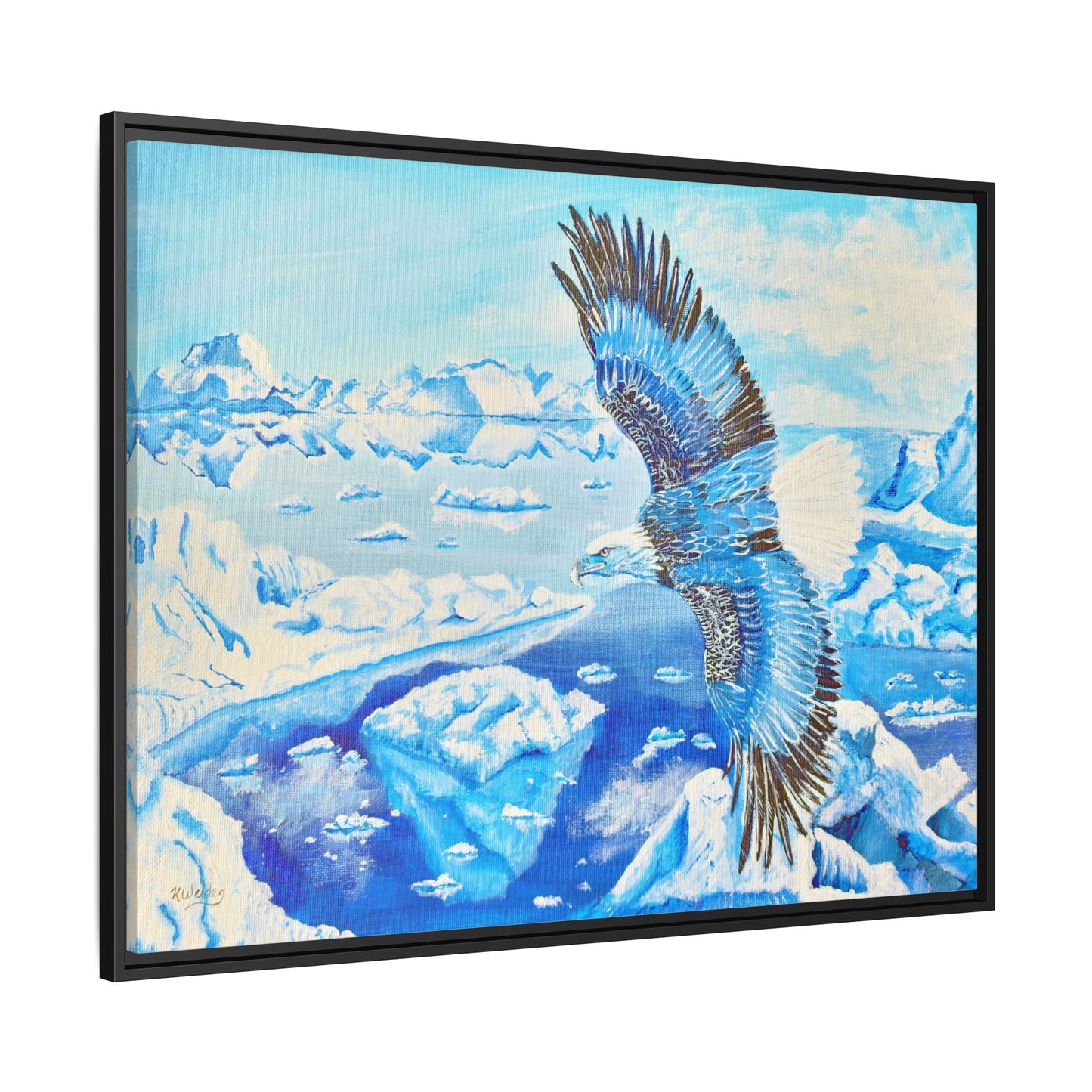 Canvas Print - Blue Monochromatic Eagle Over Iceberg Waters, Acrylic Painting by Kerri Welden