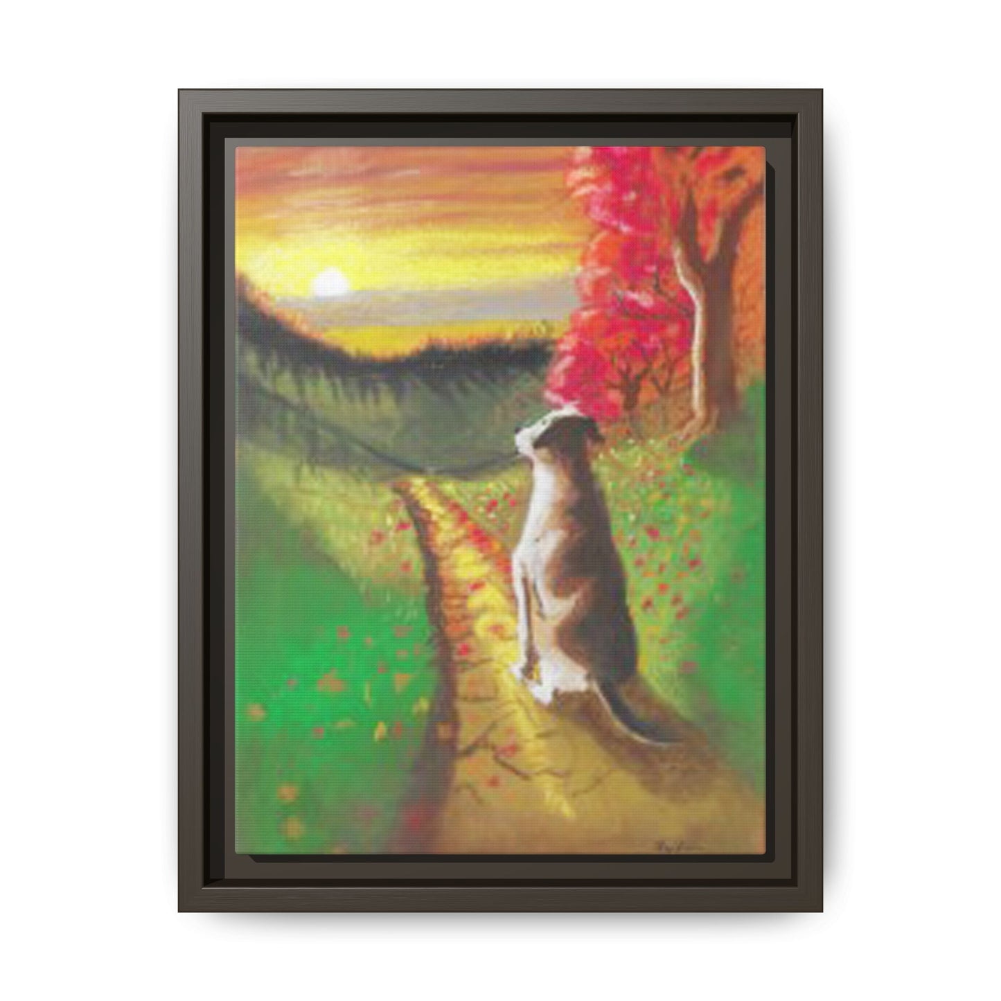 Framed Canvas Pastel Print - Serene Autumn Landscape with Dog