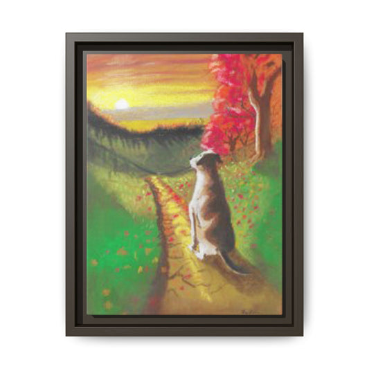 Framed Canvas Pastel Print - Serene Autumn Landscape with Dog