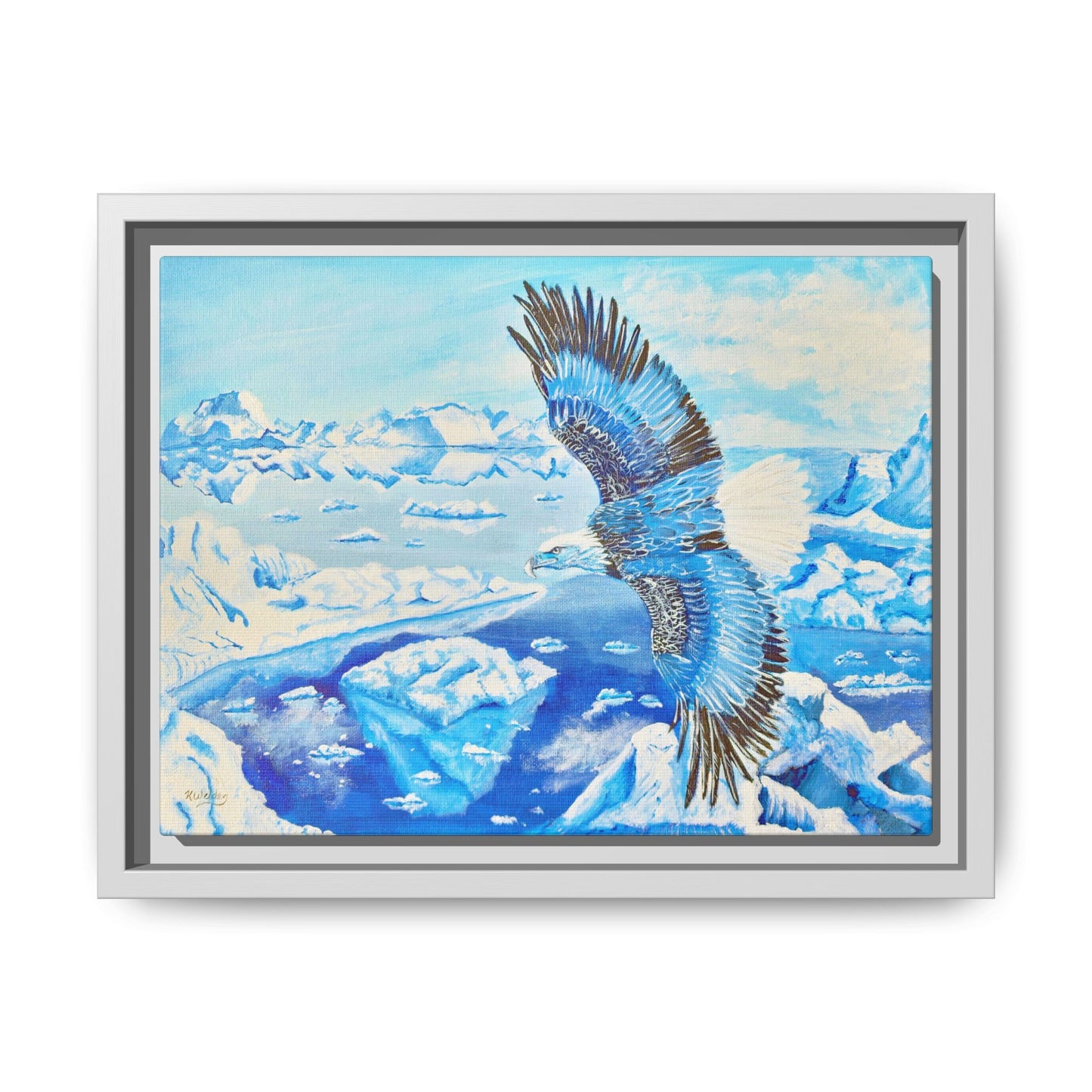 Canvas Print - Blue Monochromatic Eagle Over Iceberg Waters, Acrylic Painting by Kerri Welden
