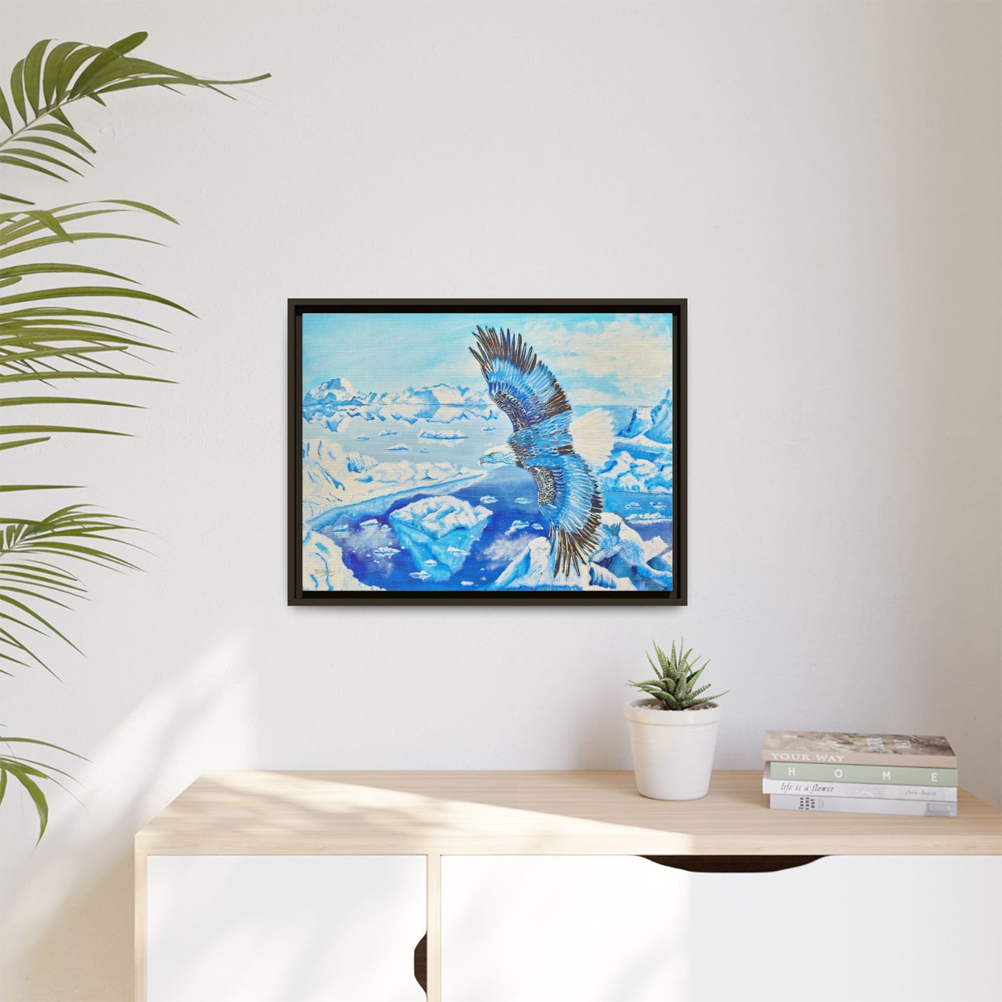 Canvas Print - Blue Monochromatic Eagle Over Iceberg Waters, Acrylic Painting by Kerri Welden