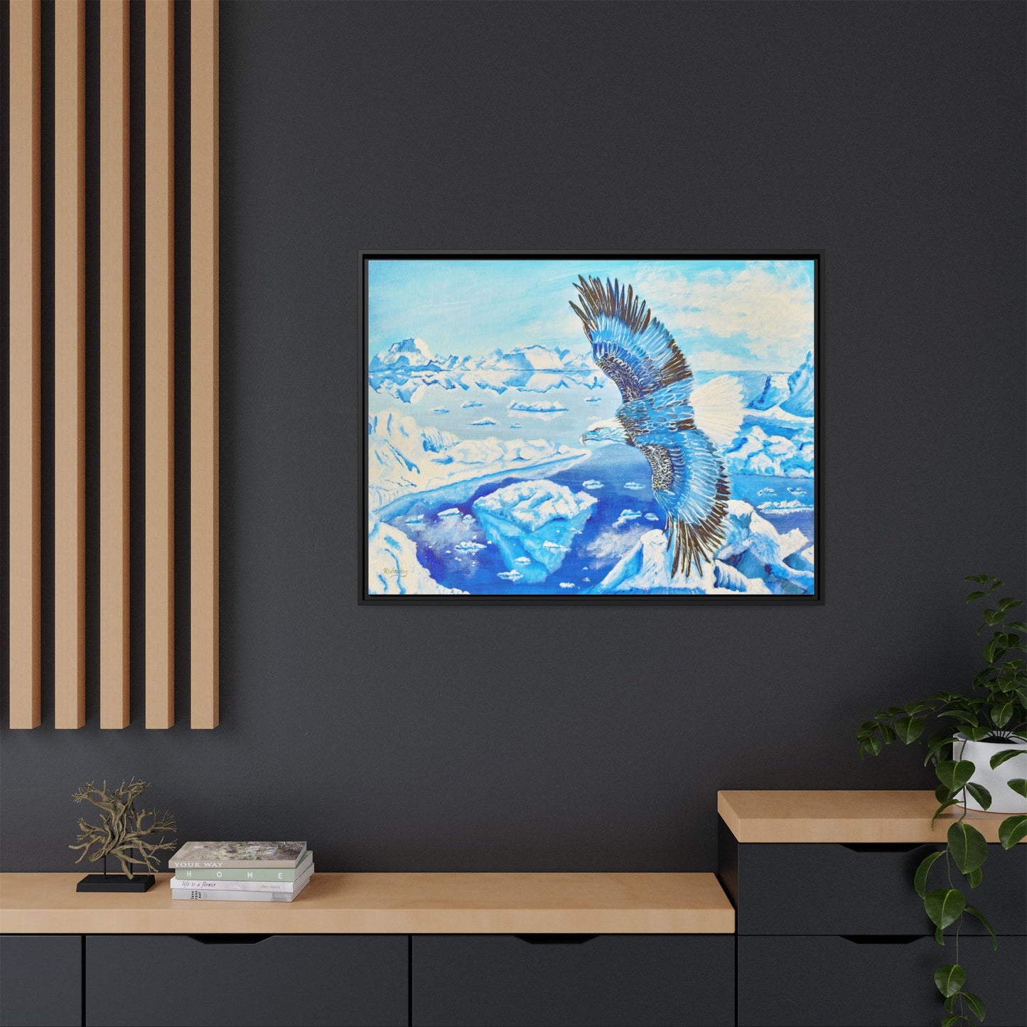 Canvas Print - Blue Monochromatic Eagle Over Iceberg Waters, Acrylic Painting by Kerri Welden