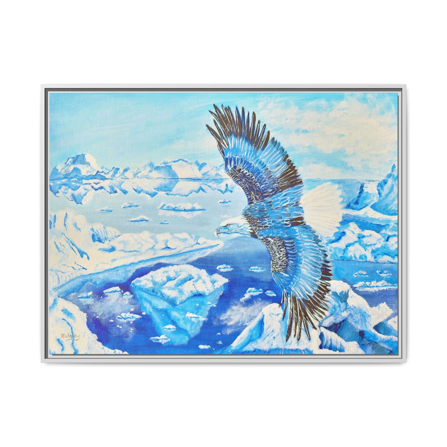 Canvas Print - Blue Monochromatic Eagle Over Iceberg Waters, Acrylic Painting by Kerri Welden