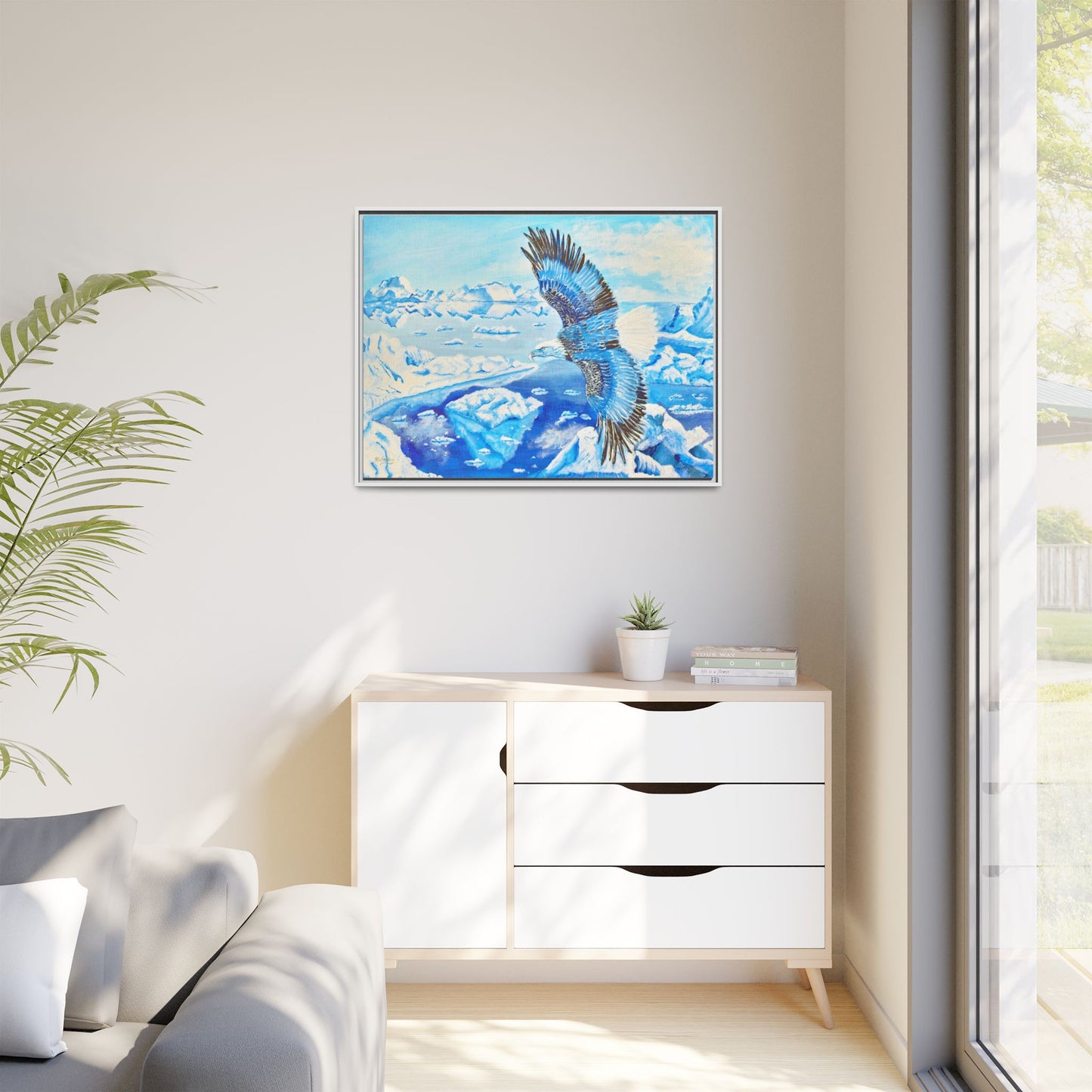 Canvas Print - Blue Monochromatic Eagle Over Iceberg Waters, Acrylic Painting by Kerri Welden
