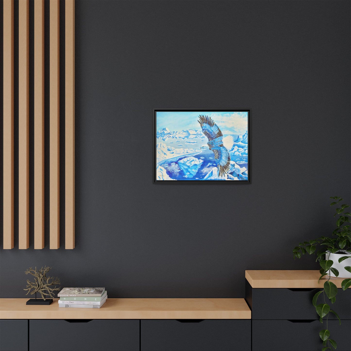 Canvas Print - Blue Monochromatic Eagle Over Iceberg Waters, Acrylic Painting by Kerri Welden