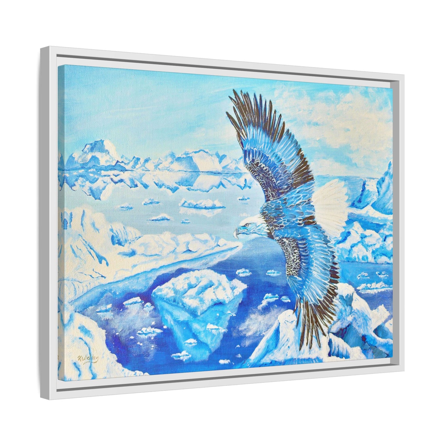 Canvas Print - Blue Monochromatic Eagle Over Iceberg Waters, Acrylic Painting by Kerri Welden