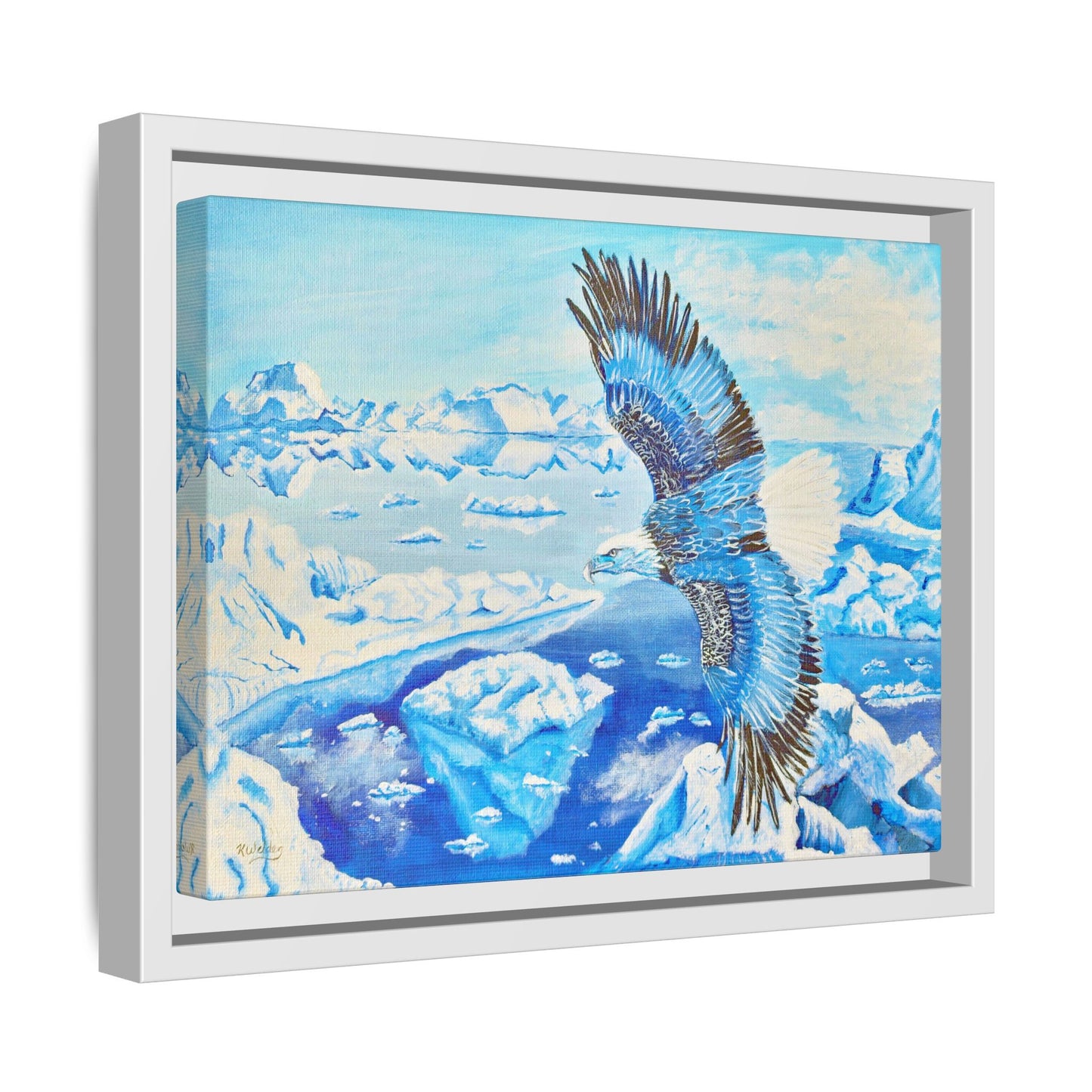 Canvas Print - Blue Monochromatic Eagle Over Iceberg Waters, Acrylic Painting by Kerri Welden