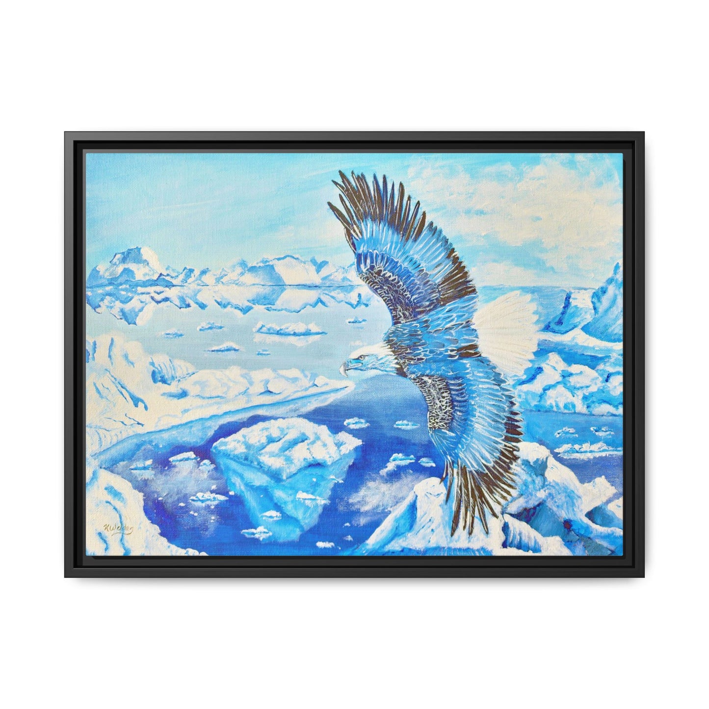 Canvas Print - Blue Monochromatic Eagle Over Iceberg Waters, Acrylic Painting by Kerri Welden