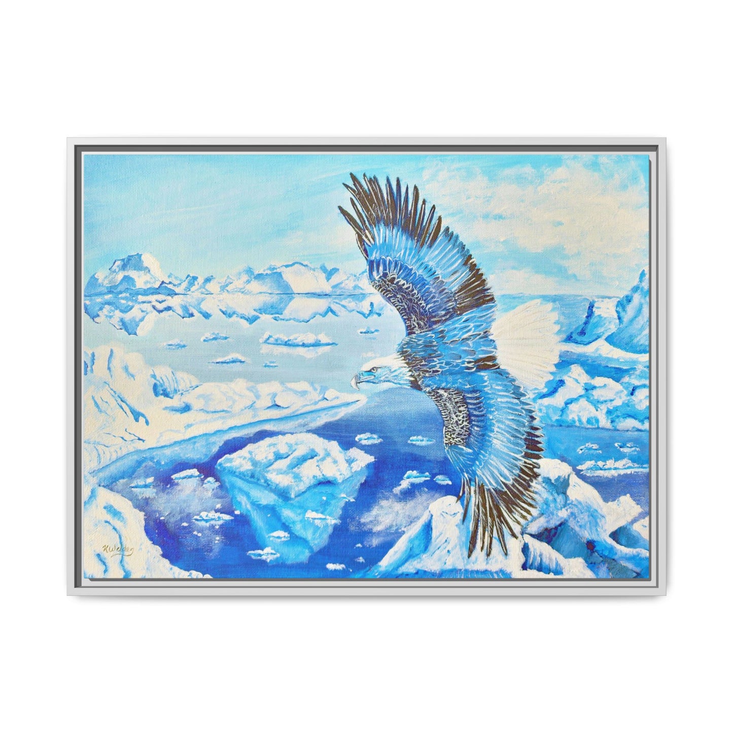 Canvas Print - Blue Monochromatic Eagle Over Iceberg Waters, Acrylic Painting by Kerri Welden