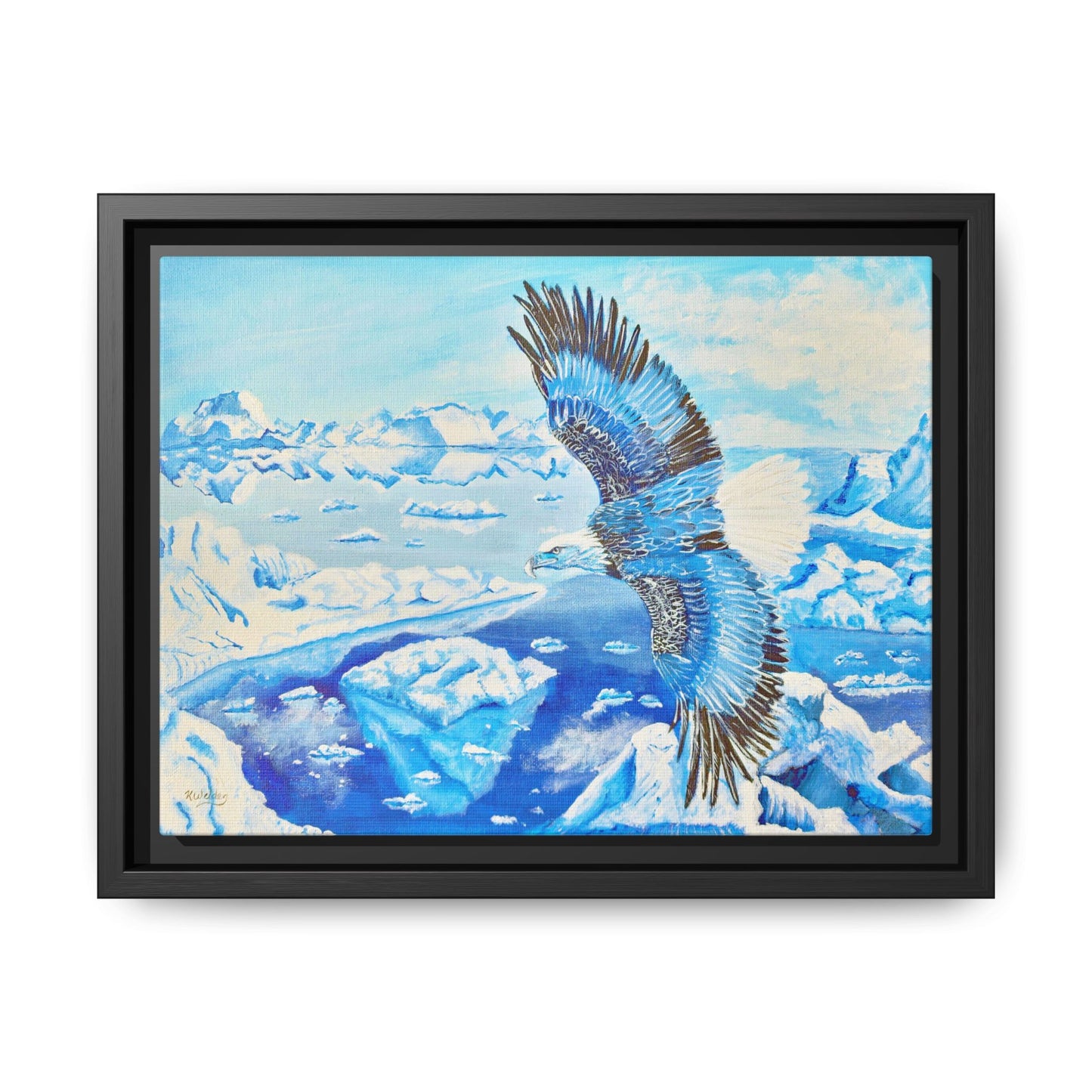 Canvas Print - Blue Monochromatic Eagle Over Iceberg Waters, Acrylic Painting by Kerri Welden