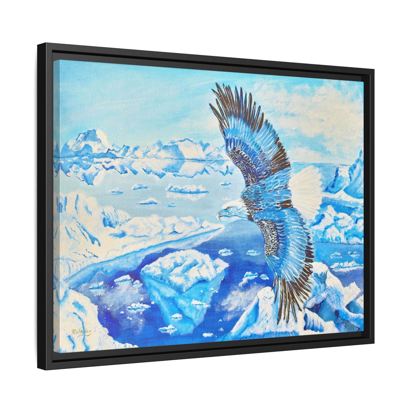 Canvas Print - Blue Monochromatic Eagle Over Iceberg Waters, Acrylic Painting by Kerri Welden