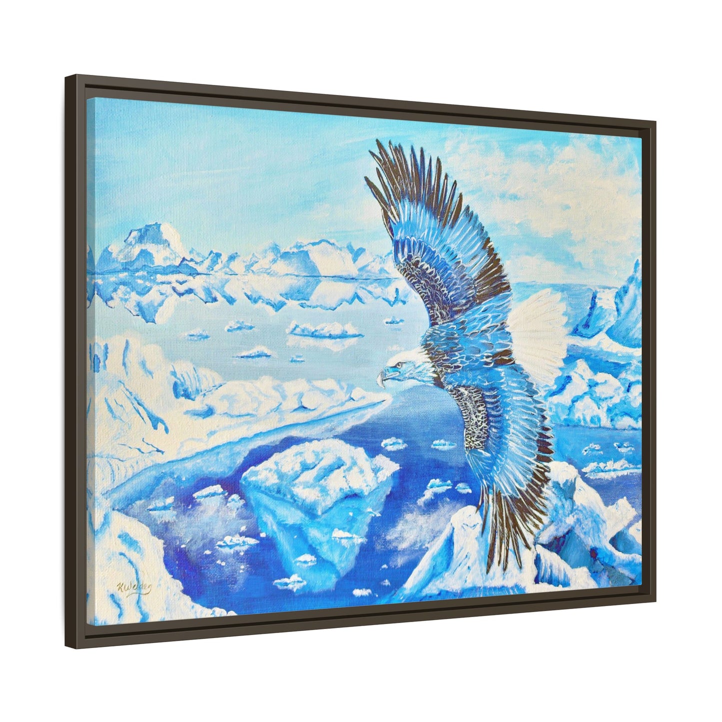 Canvas Print - Blue Monochromatic Eagle Over Iceberg Waters, Acrylic Painting by Kerri Welden