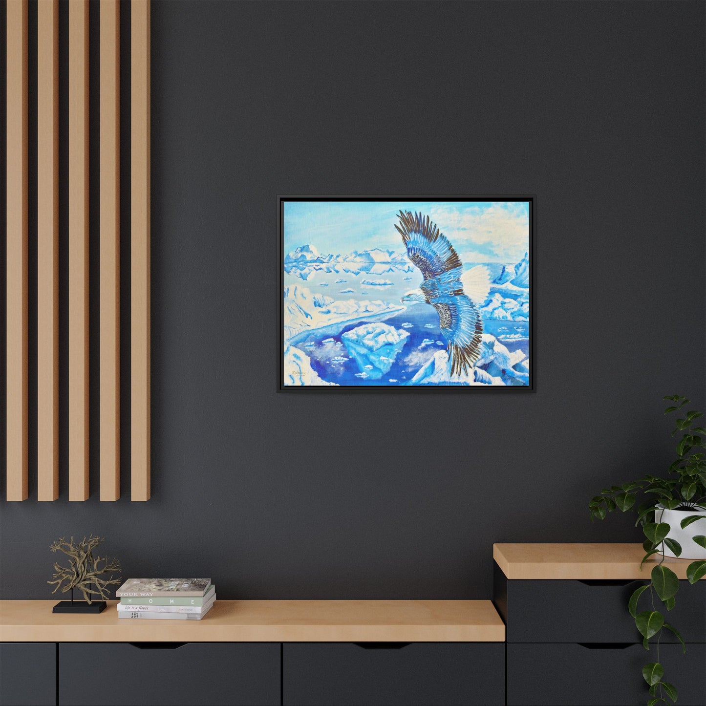 Canvas Print - Blue Monochromatic Eagle Over Iceberg Waters, Acrylic Painting by Kerri Welden