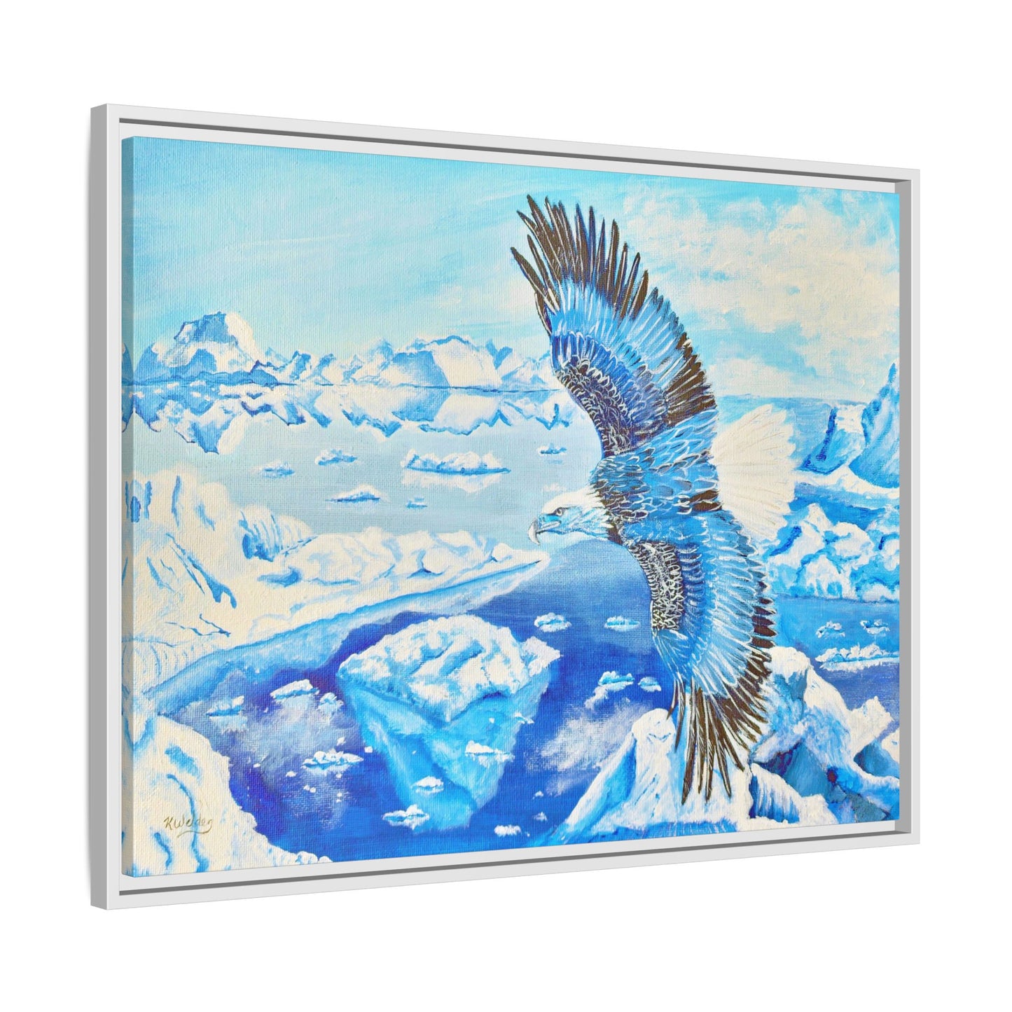 Canvas Print - Blue Monochromatic Eagle Over Iceberg Waters, Acrylic Painting by Kerri Welden