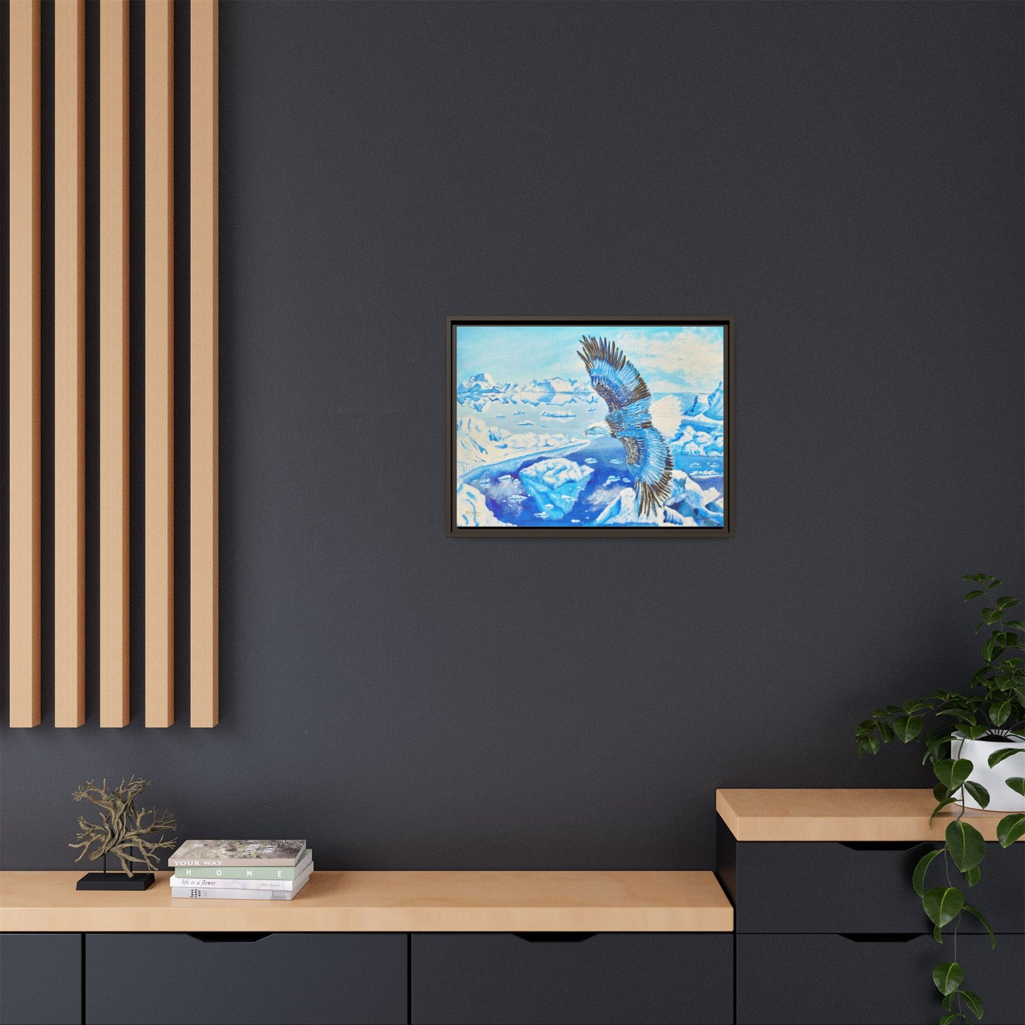 Canvas Print - Blue Monochromatic Eagle Over Iceberg Waters, Acrylic Painting by Kerri Welden